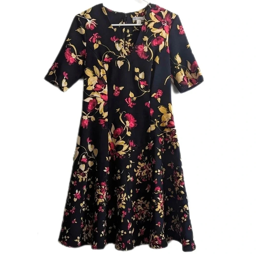 London Times Fit and Flare Black Pink Floral Leaf Print Dress